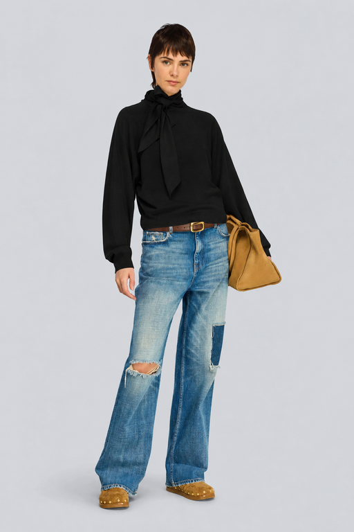 SEMICOUTURE - Pull en laine vierge avec écharpe en envers satin – Image 5